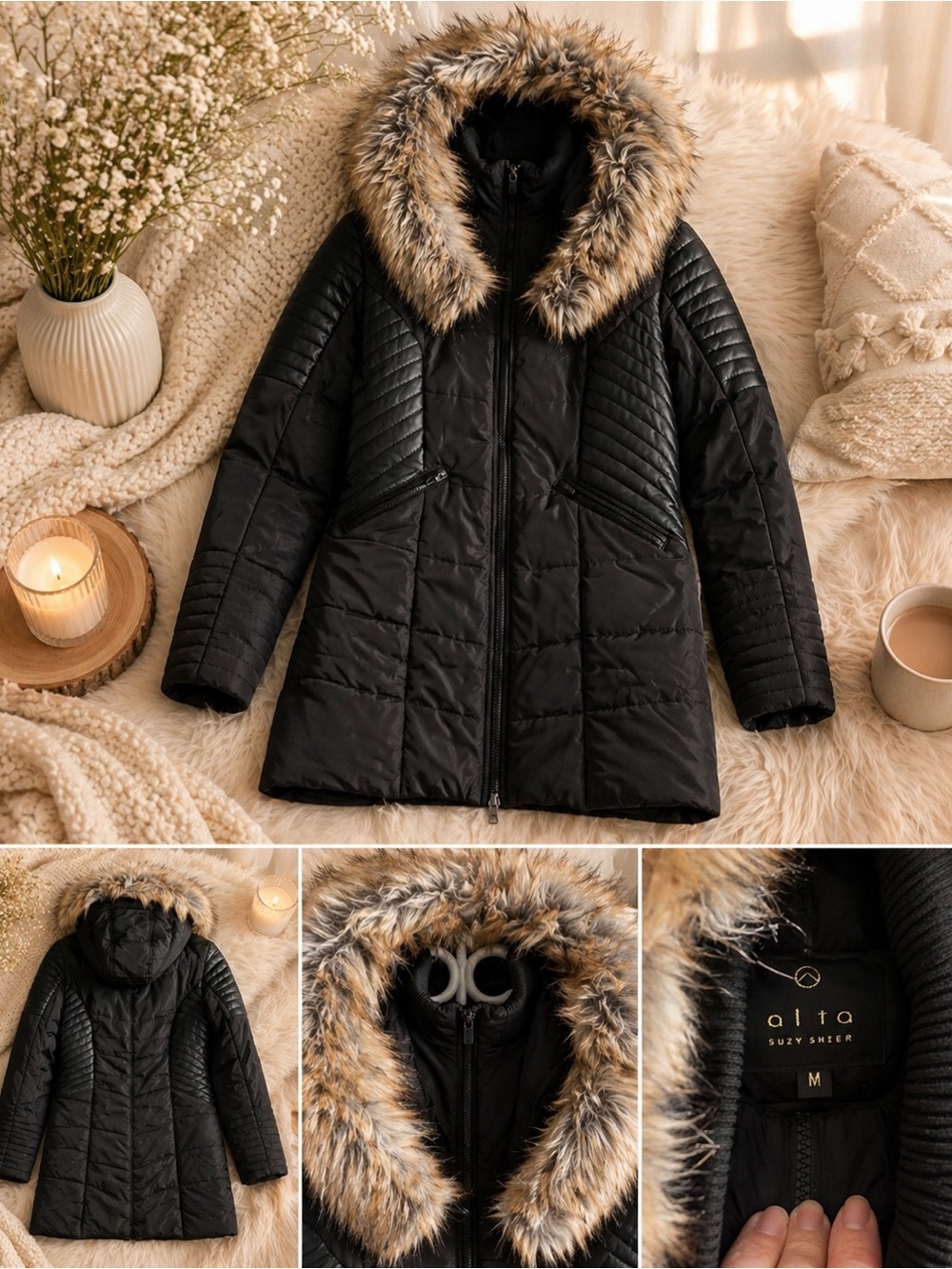 Suzy Shier Black Coat with Faux Fur Detail